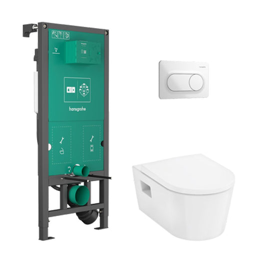 Сет за стенен тоалетен чиния Hansgrohe EluPura AquaChannel с вграден резервоар, капак и бутон