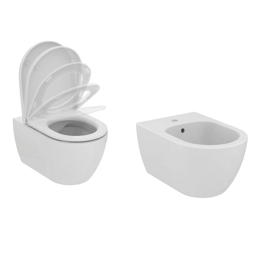 Комплект за стенен тоалетен чиния Ideal Standard Ellisse с бял софт клозет капак и биде.