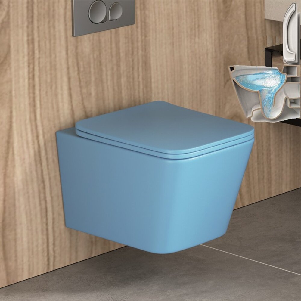 Inter Ceramic Rimless Wall-Hung Toilet Set Matte Blue with Soft Close Lid
