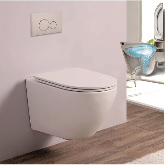 Inter Ceramic Rimless Wall-Hung Toilet Set with Slim White Matte Finish Lid