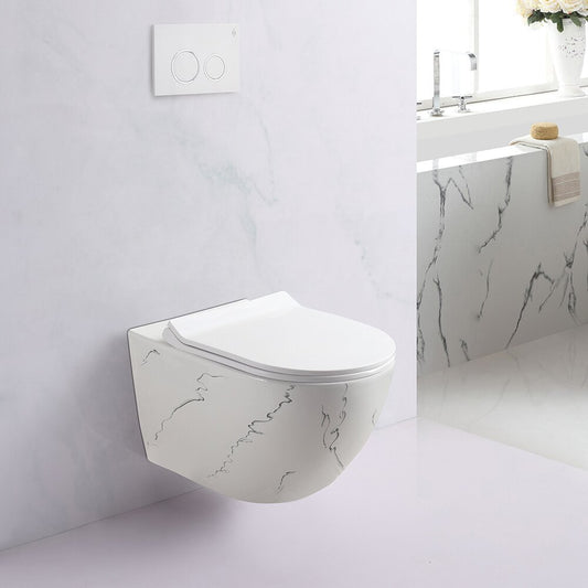 Inter Ceramic Rimless Wall-Hung Toilet Set with Slim White Marble Glossy Finish Lid