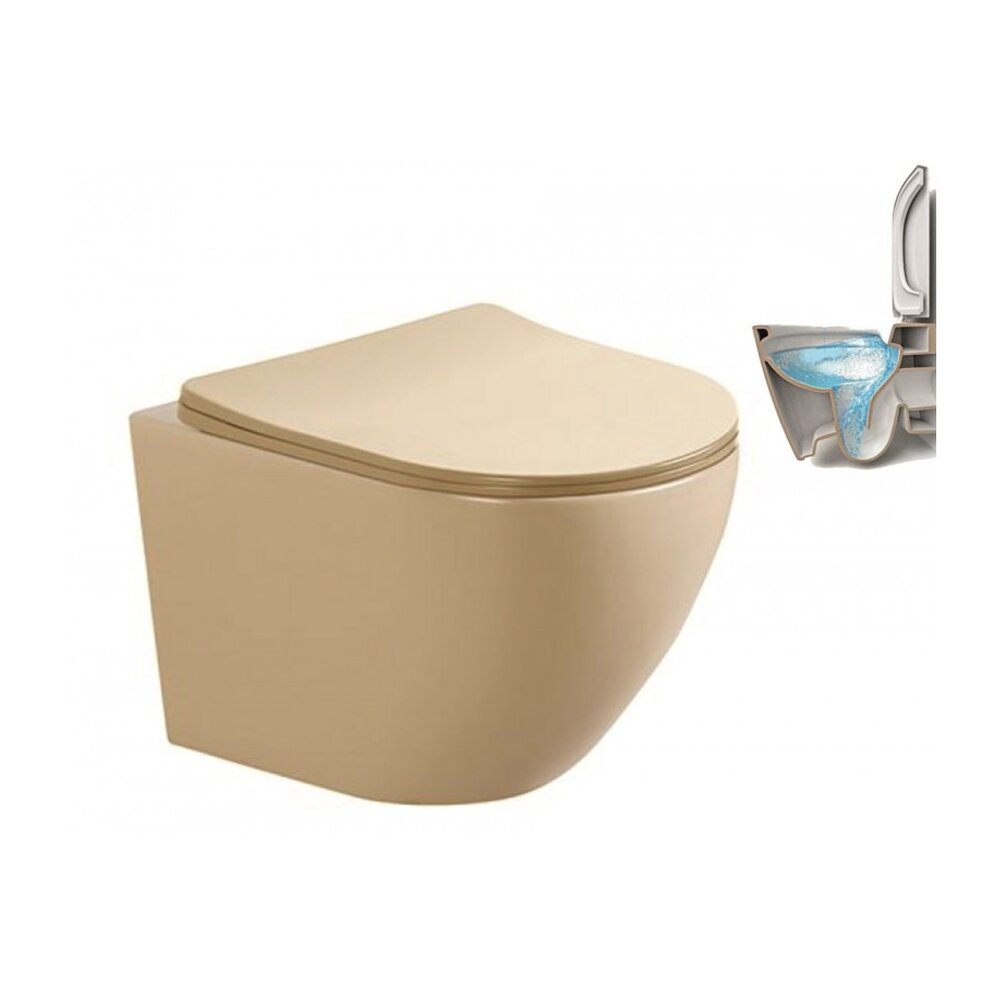 Wall-mounted toilet set Inter Ceramic Rimless with slim beige matte lid