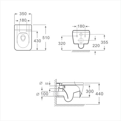 Inter Ceramic Rimless Wall-Hung Toilet Set with Slim White Glossy Lid
