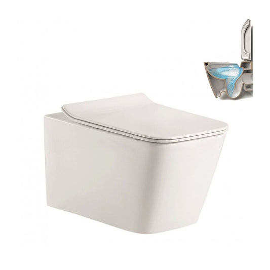 Inter Ceramic Rimless Wall-Hung Toilet Set with Slim White Glossy Lid