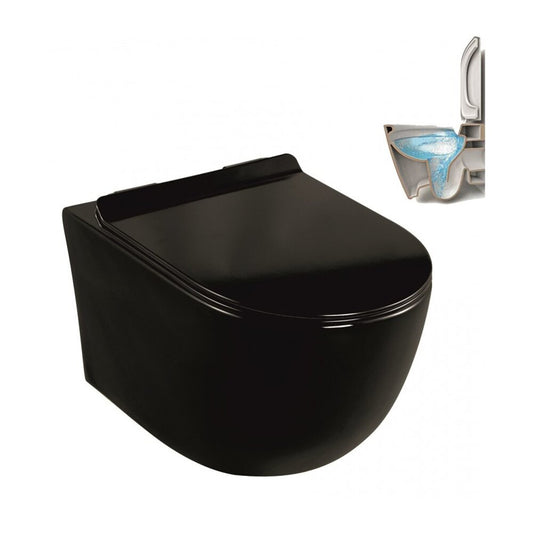 Inter Ceramic Rimless Wall-Hung Toilet Set with Slim Soft Close Lid Glossy Black Finish
