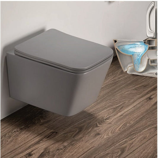 Inter Ceramic Rimless Wall-Hung Toilet Set Matte Gray with Soft Close Lid