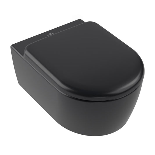 Сет за стенен тоалетен чиния Villeroy&Boch Skyla Combi-Pack Rimless TwistFlush с капак softclose черен Pure Black CeramicPlus