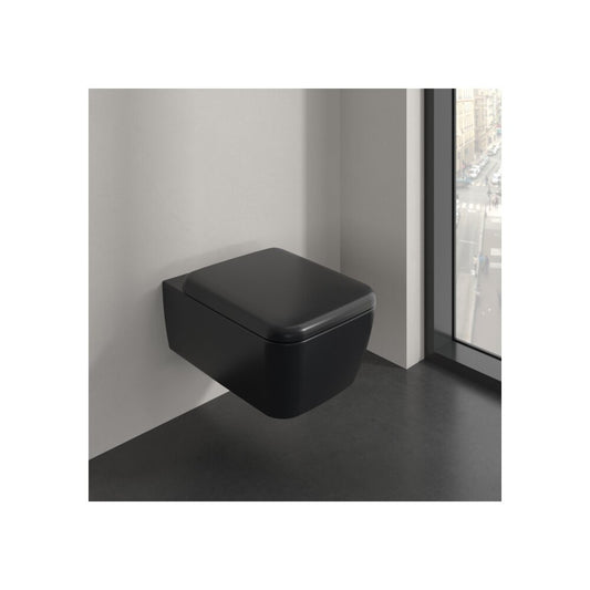 Сет за стенен тоалетен чиния Villeroy&Boch Skyla Combi-Pack TwistFlush Rimless с капак softclose черен Pure Black CeramicPlus
