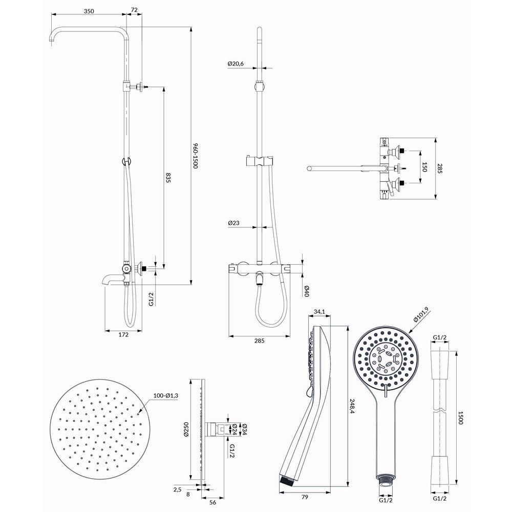 Omnires Y Thermostatic Shower Column in Chrome with Bathtub Spout
