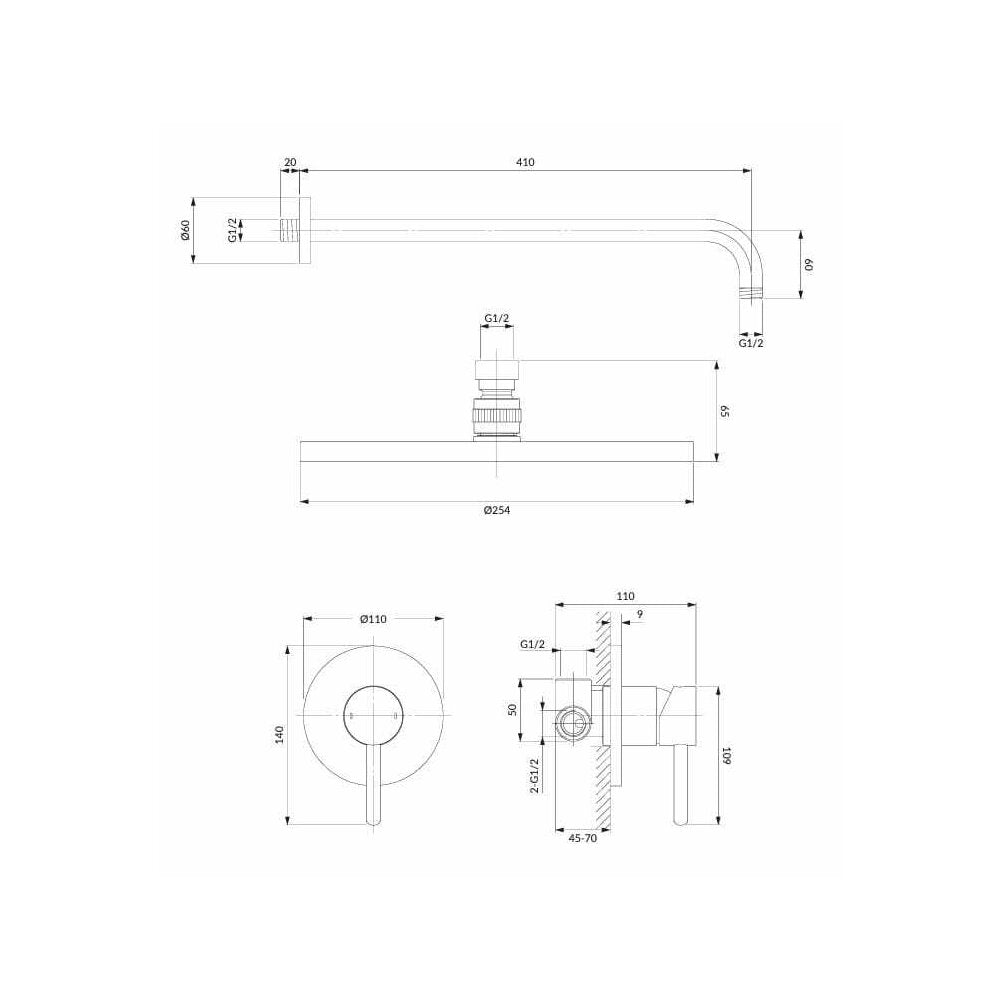 Black Built-in Shower System Omnires Y without Shower Hose