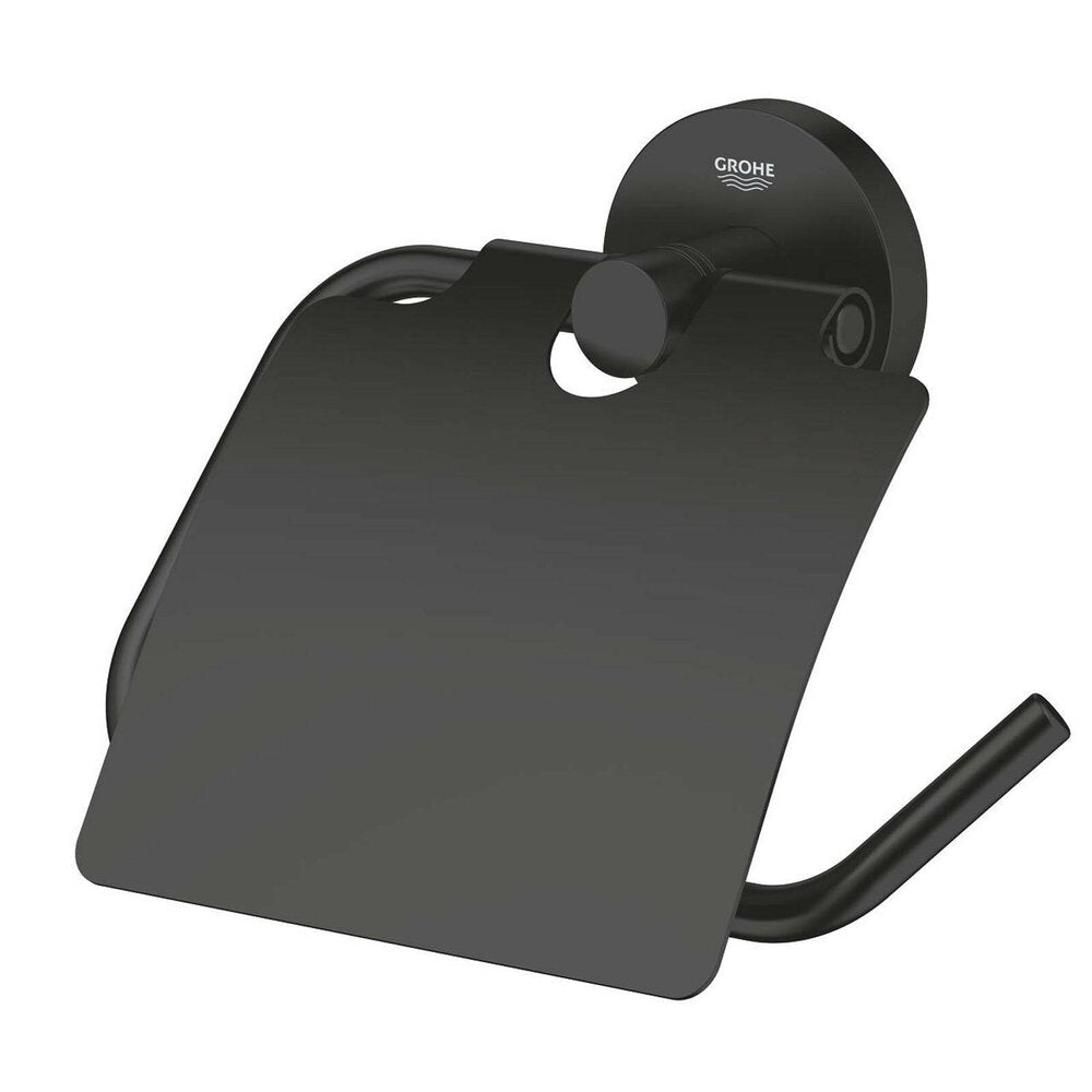Matte black toilet paper holder with guard Grohe Essentials
