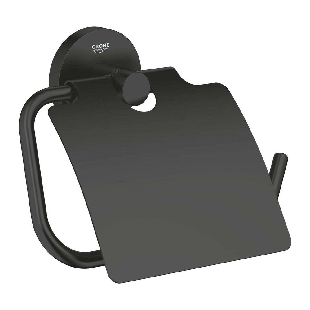 Matte black toilet paper holder with guard Grohe Essentials