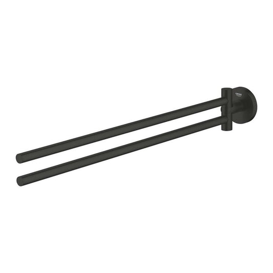 Matte black double arm towel holder Grohe Essentials Cube 43.9 cm