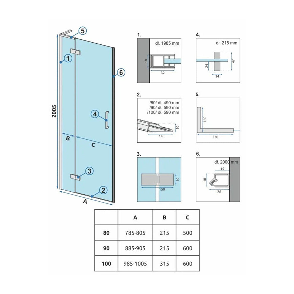 Rea Hugo 80 cm Hinged Niche Door 6 mm Brushed Gold Glass