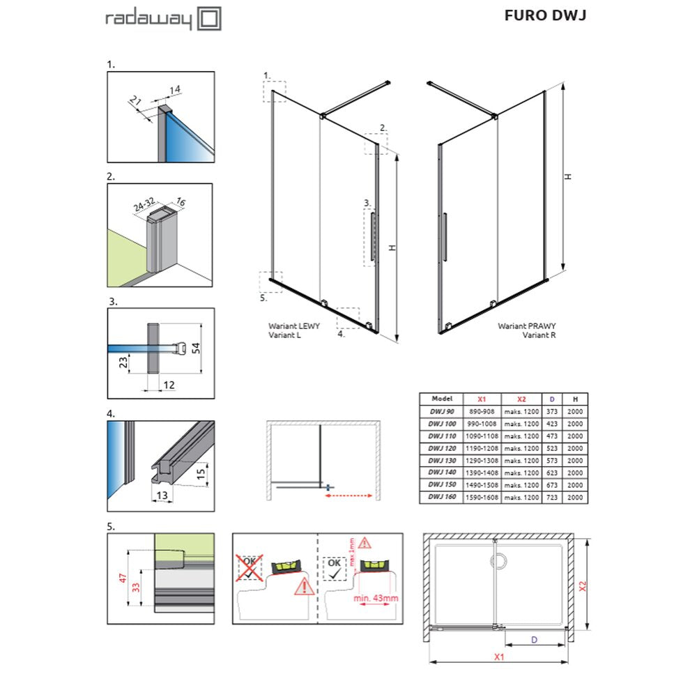 Слайдваща врата за ниши Radaway Furo DWJ 140 cm стъкло 8 mm хром гланц-прозрачен дясно отваряне