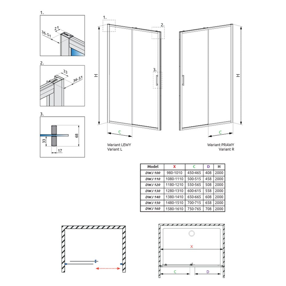 Слайдваща врата за ниша Radaway Premium Pro DWJ 130 cm стъкло 6 mm хром гланц-прозрачен дясно отваряне
