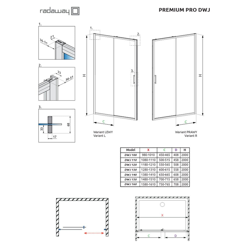 Слайдваща врата за ниша Radaway Premium Pro DWJ 130 cm стъкло 6 mm матово черно-прозрачно дясно отваряне
