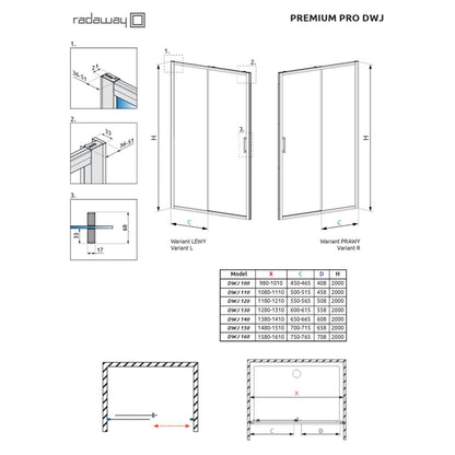 Слайдваща врата за ниша Radaway Premium Pro DWJ 130 cm стъкло 6 mm матово черно-прозрачно дясно отваряне