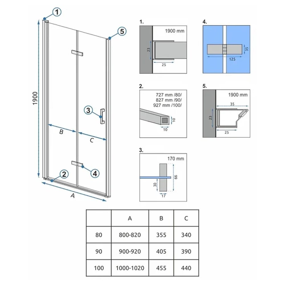 Rea Molier 80 cm Folding Niche Door 6 mm Glass + Chrome Magnetic Profile